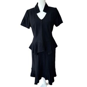 St John Black Knit Skirt Suit Peplum Jacket Trumpet Skirt Set Sz 14/12 USA